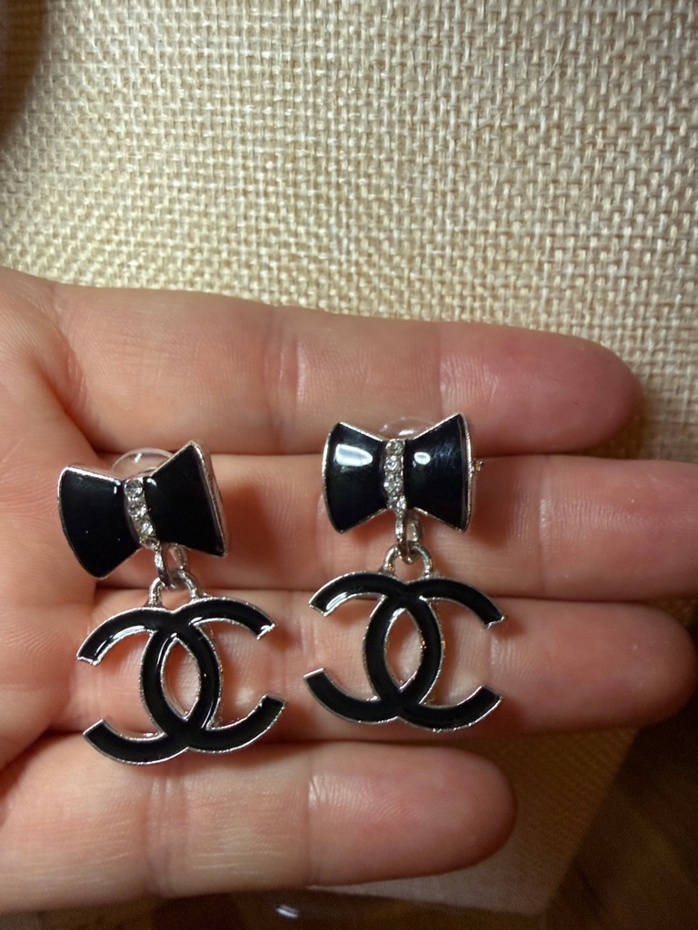 CHANEL Black Bow Drop CC Logo Earrings with Rhinestone Accents